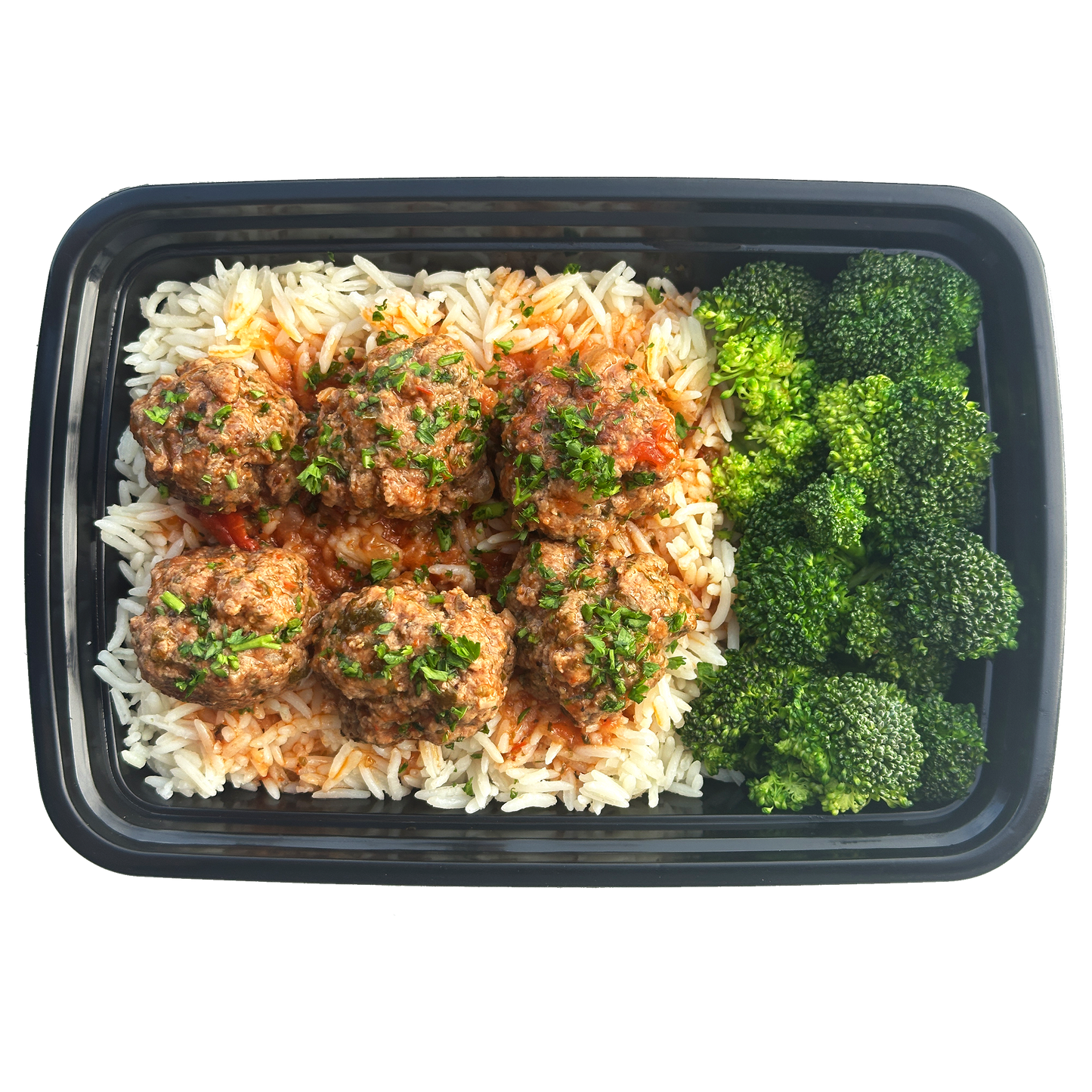 (6) Meatballs with Rice and Broccoli