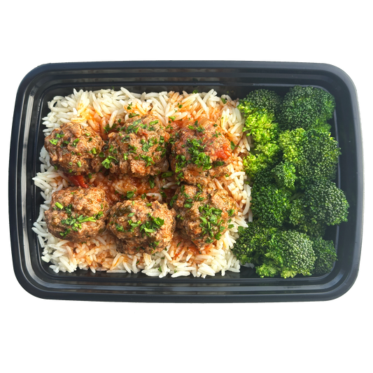 (6) Meatballs with Rice and Broccoli